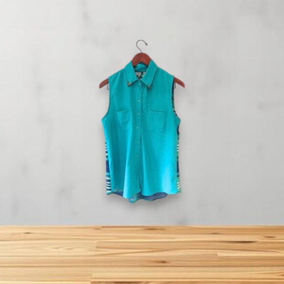 Material Girl Teal Button-Down Sleeveless Blouse Size M Striped Back - Picture 1 of 8